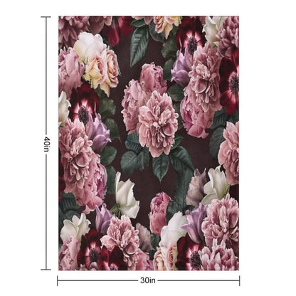 Vintage Bouquets of Pink Lush Peonies, Purple Tulips, Roses And Dark Red Anemones. Throw Blanket