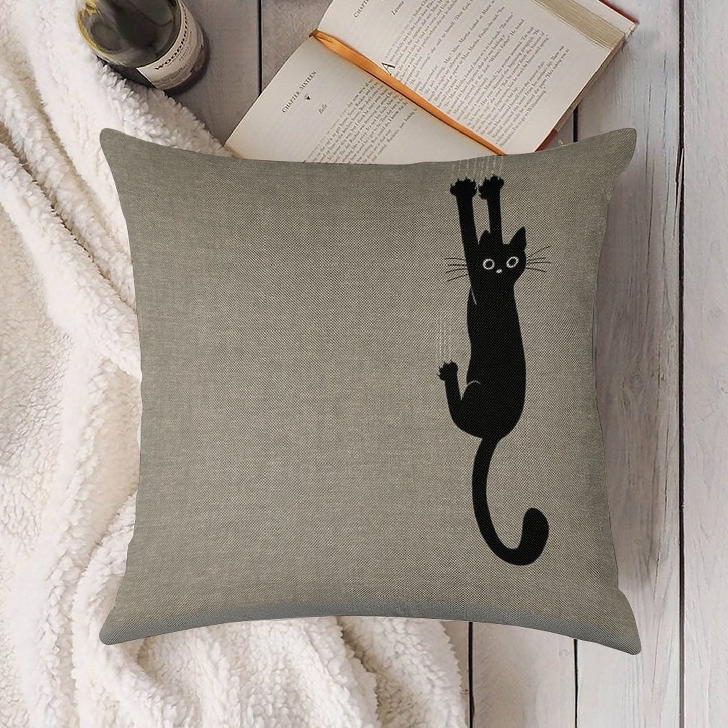 Black Cat Holding On Linen Throw Pillow Cover