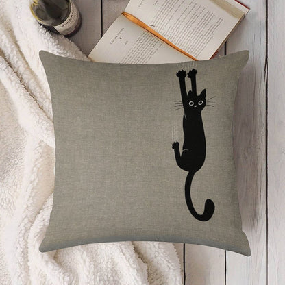 Black Cat Holding On Linen Throw Pillow Cover