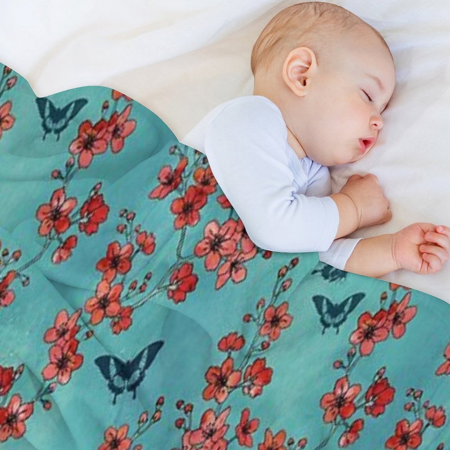 Sakura Butterflies in Turquoise Throw Blanket