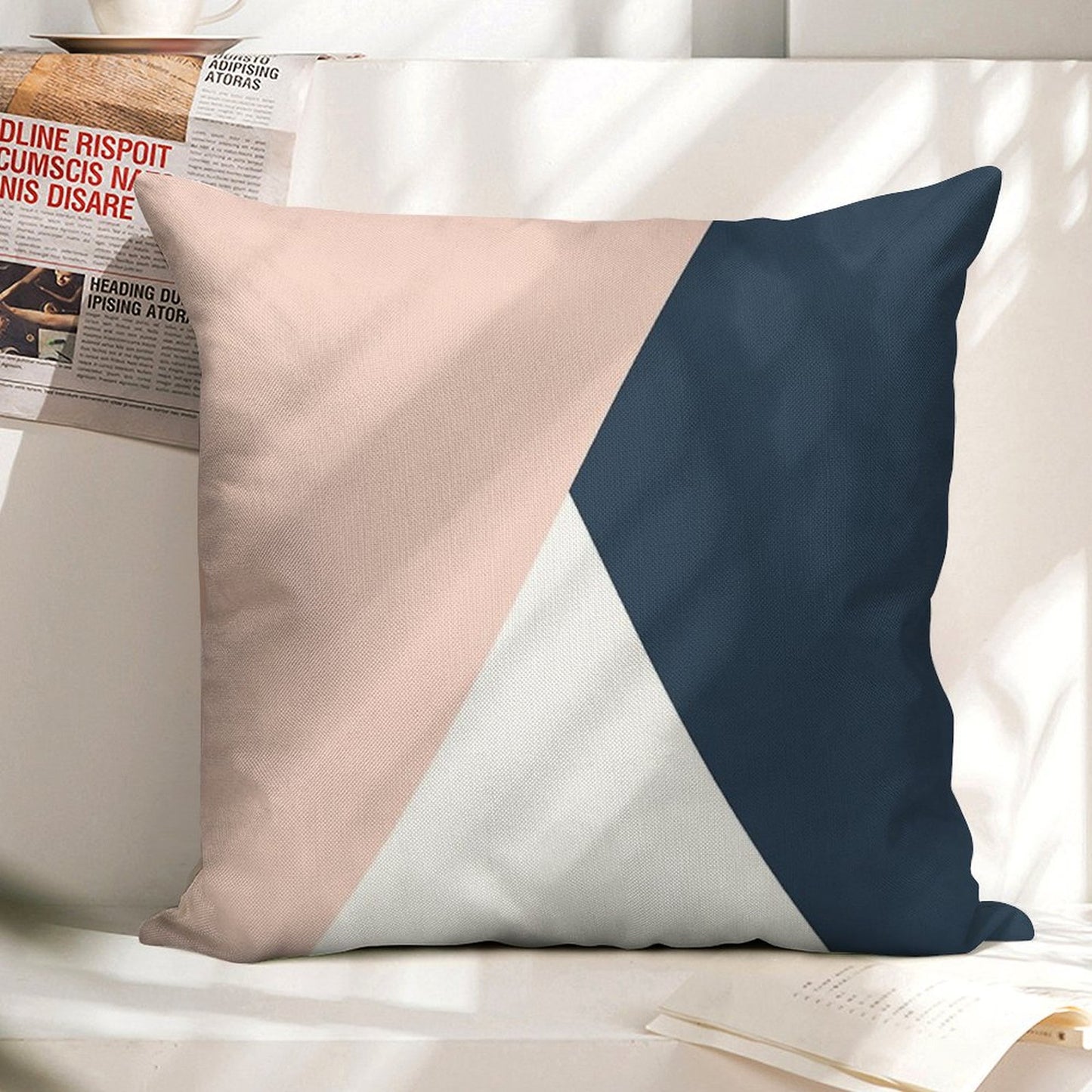 Modern Geometric Blush Pink & Navy Blue Linen Throw Pillow Cover