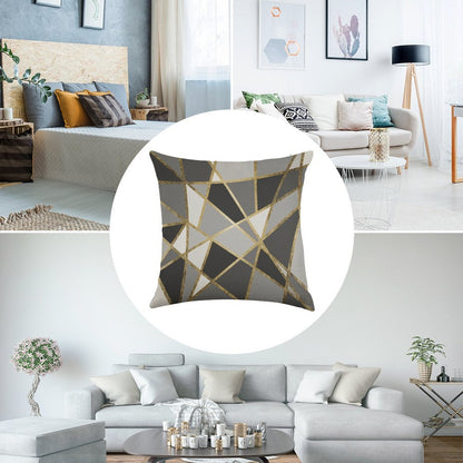 Black & Gray Modern Geo Gold Triangles Linen Throw Pillow Cover