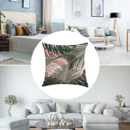 Pink Tropical Leaves Linen Throw Pillow Cover