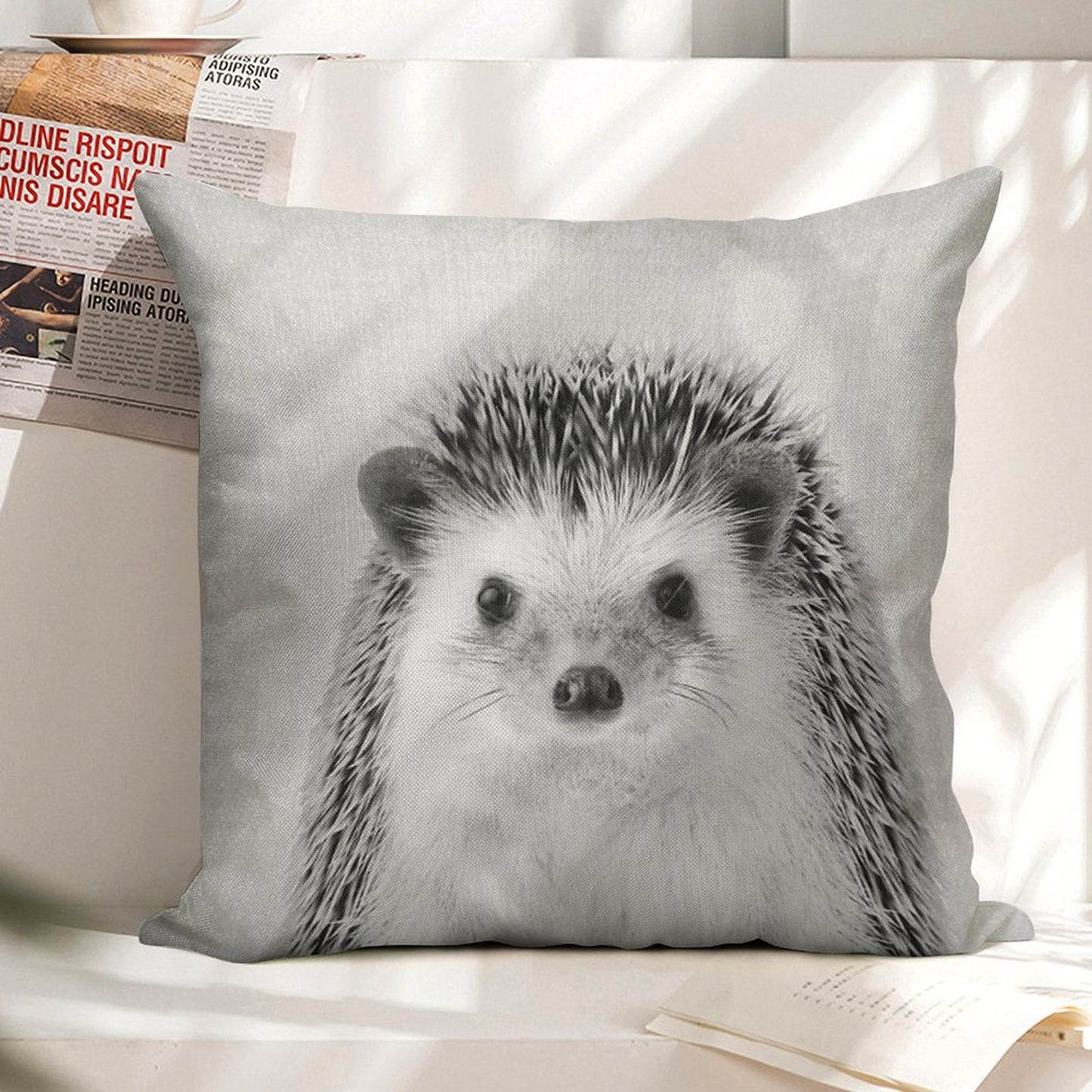 Hedgehog - Black & White Linen Throw Pillow Cover