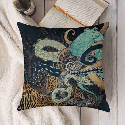 Metallic Octopus II Linen Throw Pillow Cover