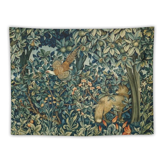GREENERY, FOREST ANIMALS Pheasant And Fox Blue Green Floral Tapestry Tapestry