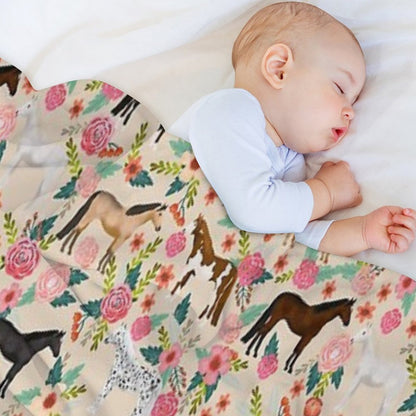 Horses Floral Horse Breeds Farm Animal Pets Throw Blanket