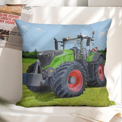 Green Tractor in Field Linen Throw Pillow Cover