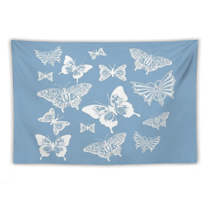 White Butterflies on Smoky Blue Grey Background Tapestry