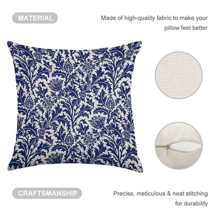 William Morris Thistle Damask, Navy Blue And White Linen Throw Pillow Cover