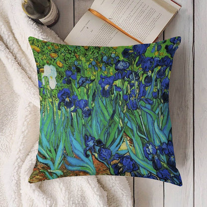 Van Gogh HDR Garden Irises Linen Throw Pillow Cover