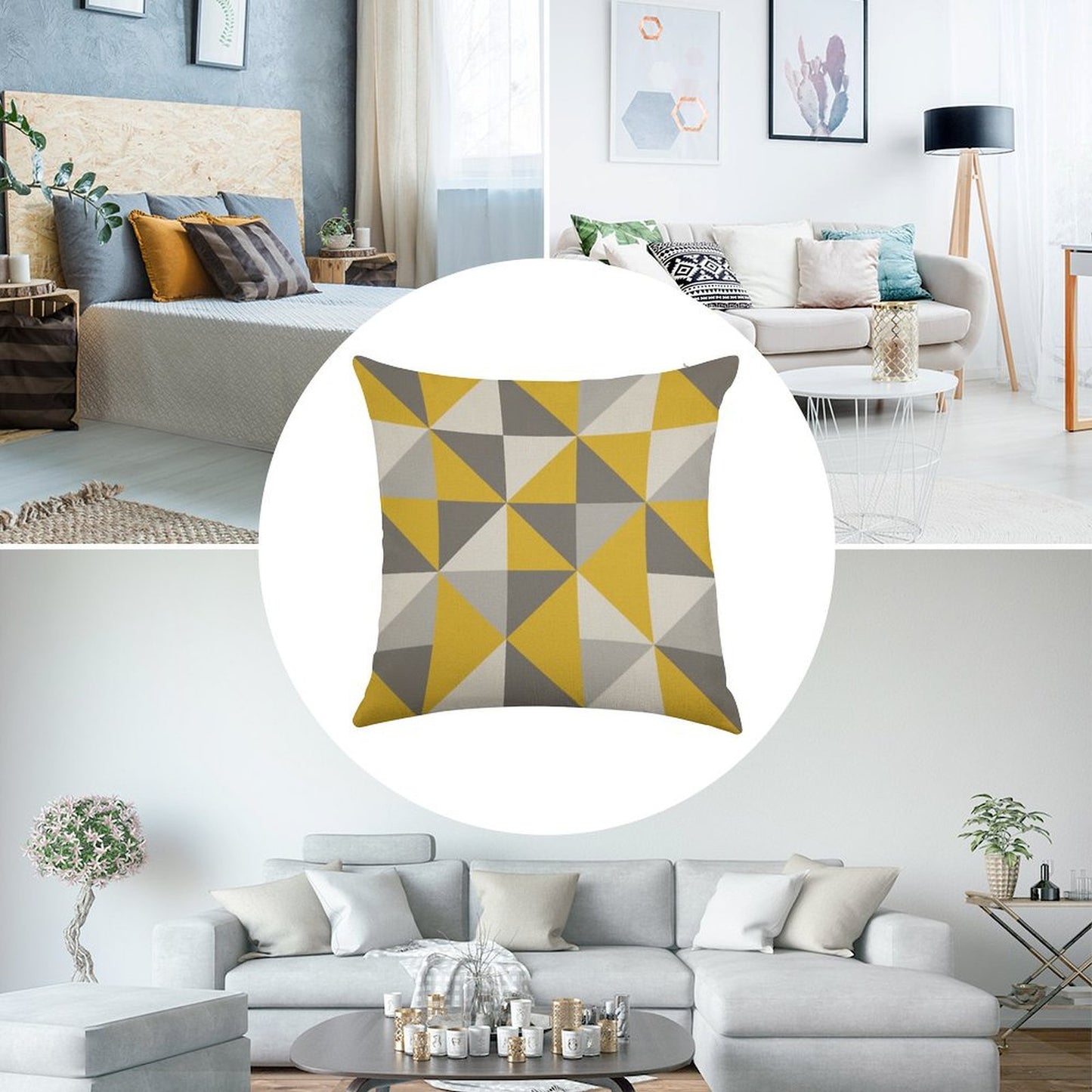 Retro Triangle Design in Yellow And Grey Linen Throw Pillow Cover