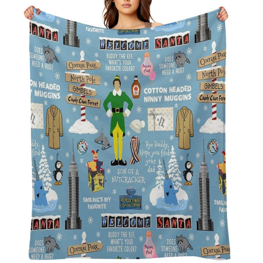 Buddy The Elf Collage, Blue Background Throw Blanket