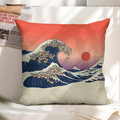 The Great Wave of Shiba Inu Linen Throw Pillow Cover