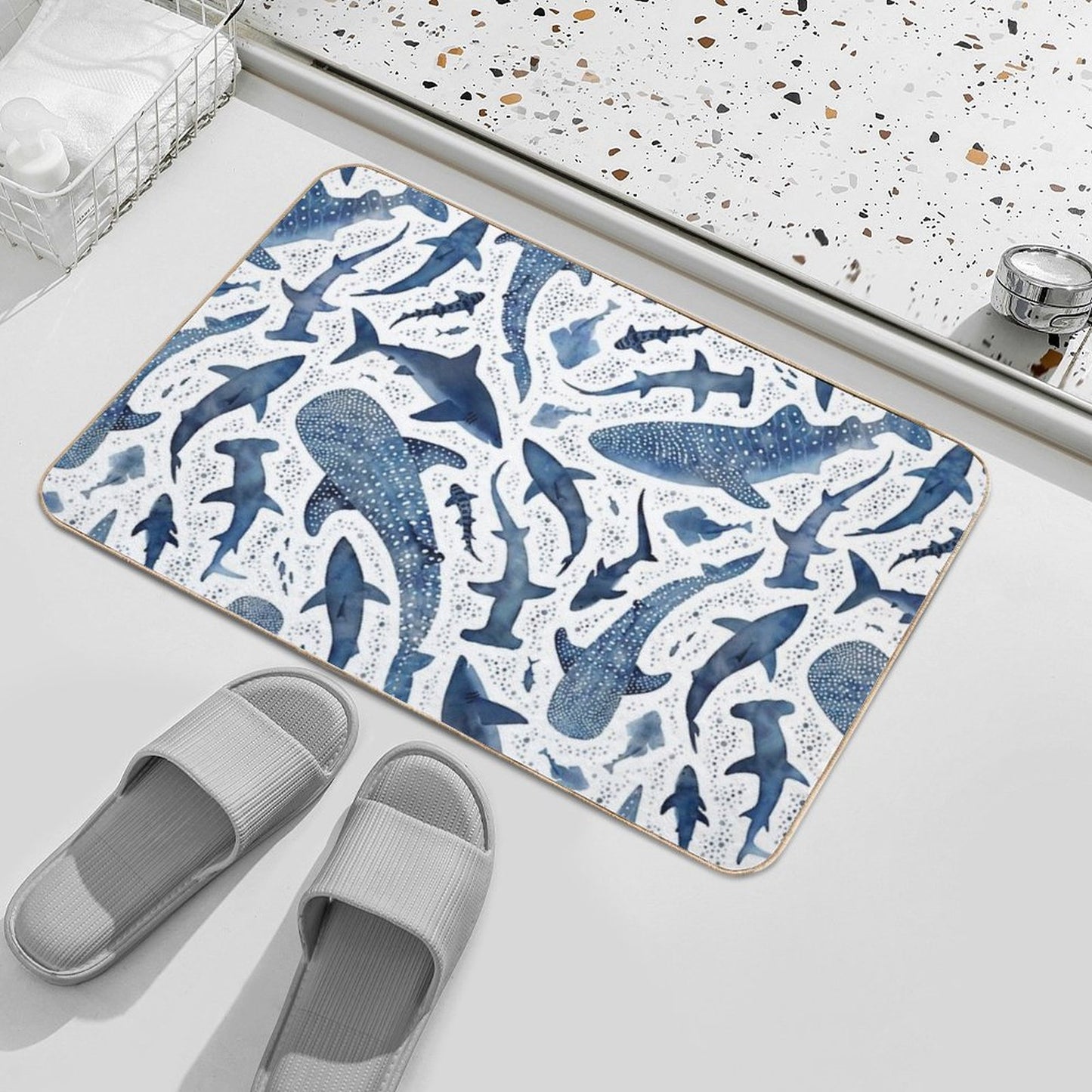Monochrome Blue Watercolour Shark Ocean on White Bath Mat