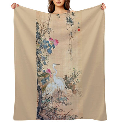 Egrets, Peonies, And Willows (Restored Japanese Artwork) Throw Blanket