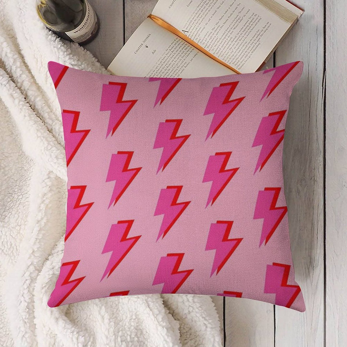 Pink And Red Lightning on Pink Linen Throw Pillow Cover