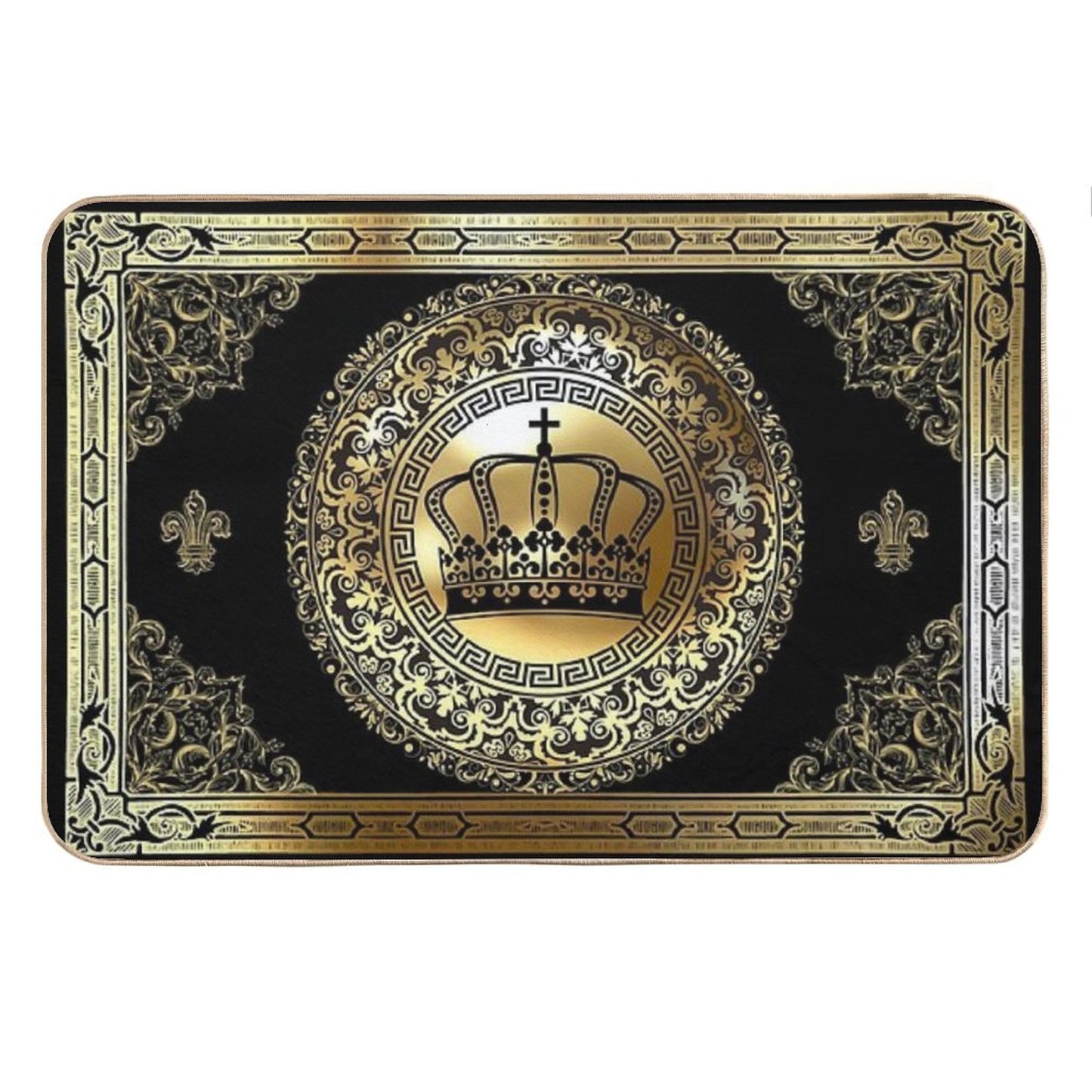 Ornate Baroque Crown Black Gold Greek Key Bath Mat