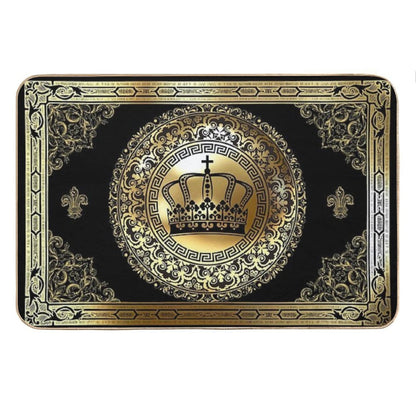 Ornate Baroque Crown Black Gold Greek Key Bath Mat