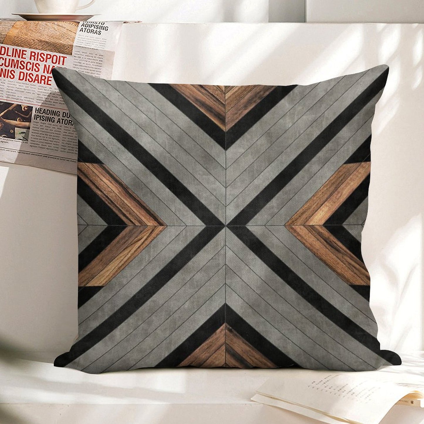 Urban Tribal Pattern No.2 - Concrete And Wood Linen Throw Pillow Cover