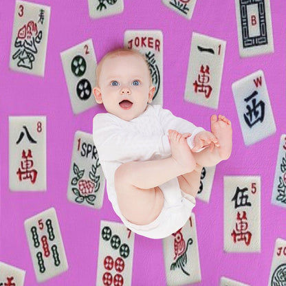 Mahjongg Game Tiles Design on Pink Color Throw Blanket