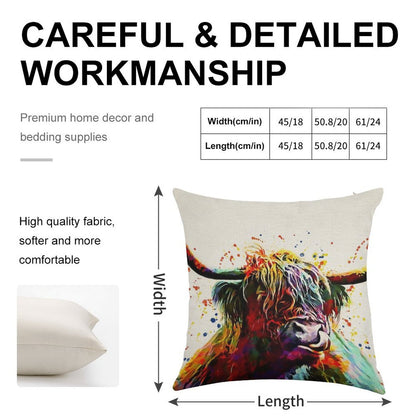 Highland Cow Watercolor Art Work Linen Throw Pillow Cover