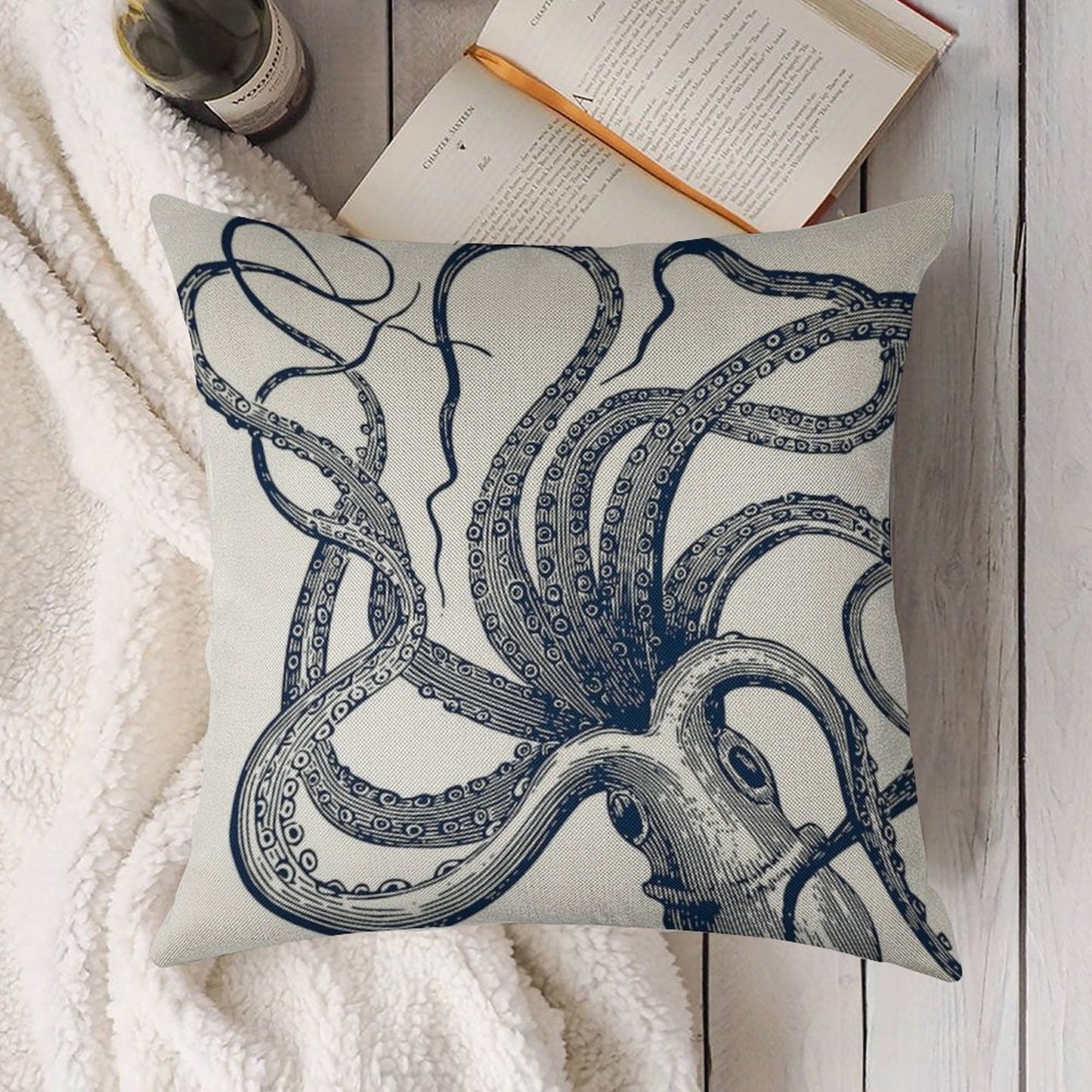 Navy Octopus Linen Throw Pillow Cover