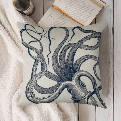 Navy Octopus Linen Throw Pillow Cover