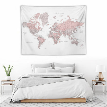 Muted Pink And Taupe Detailed World Map Tapestry