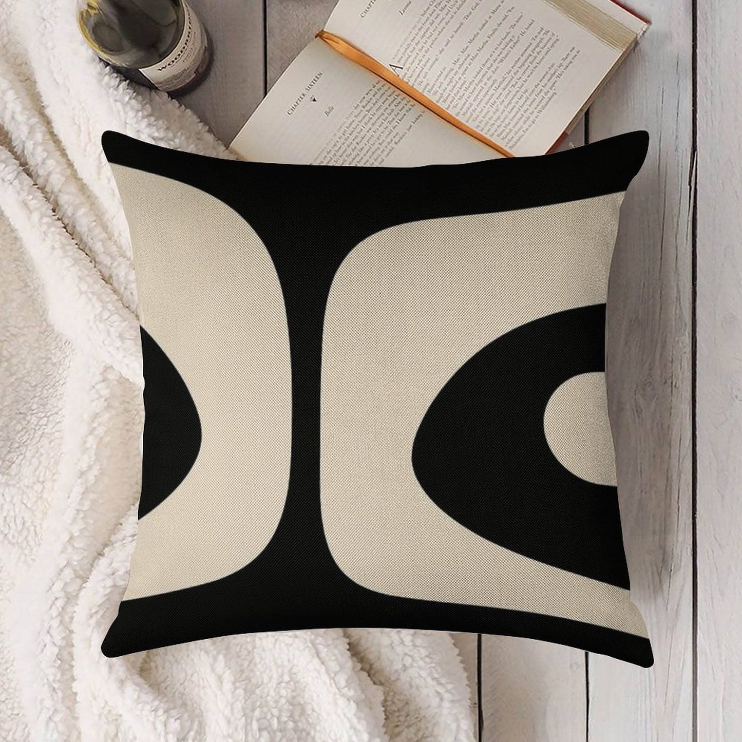 Retro Piquet Mid Century Modern Abstract Pattern 2 in Black And Almond Cream Linen Throw Pillow Cover