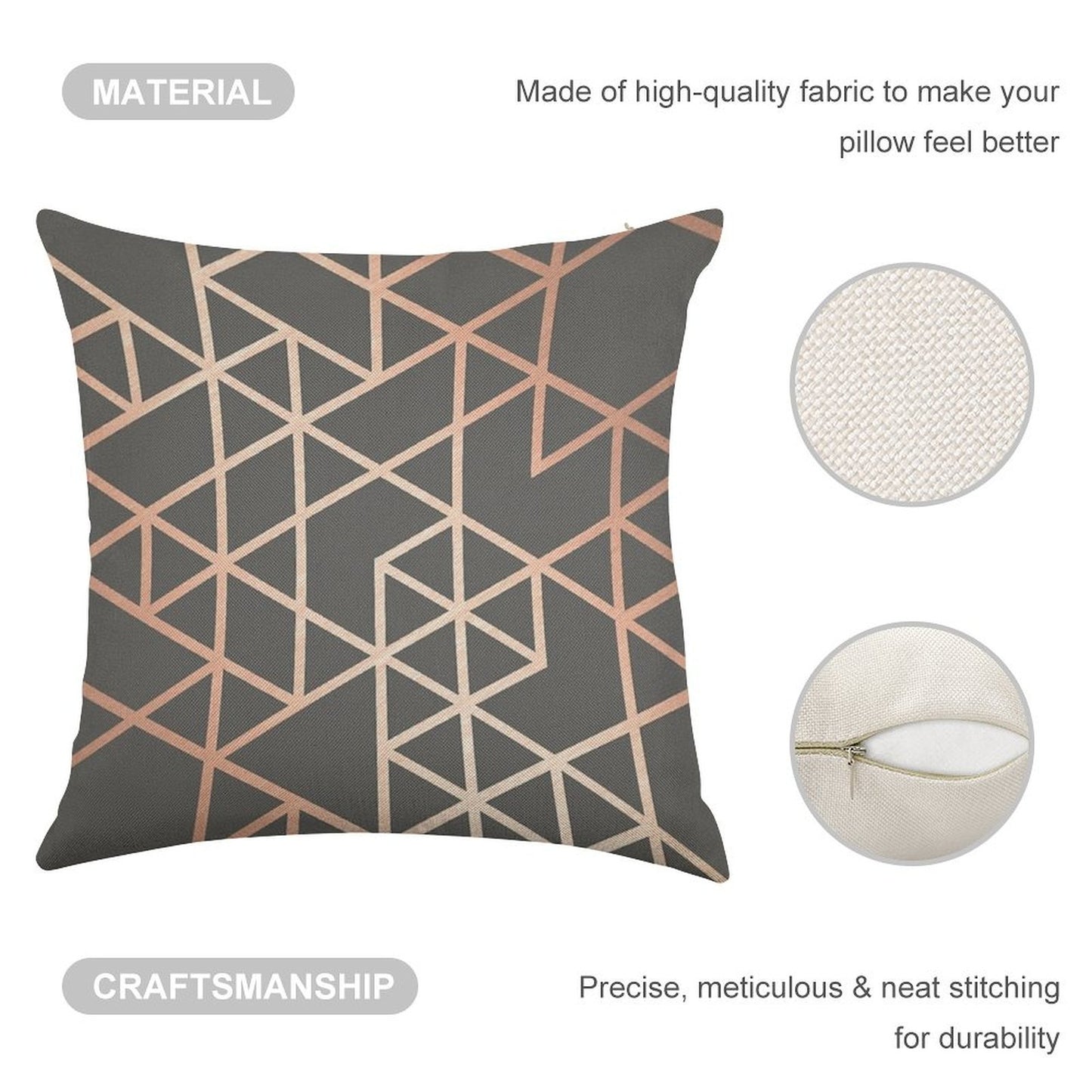 Rose Gold And Gray Geometric Pattern Linen Throw Pillow Cover