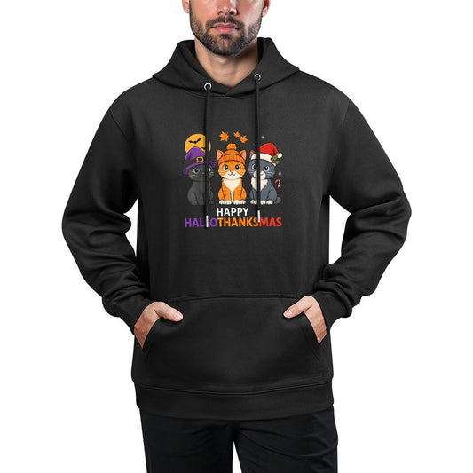 Cat Halloween Christmas Happy Hallothanksmas Thanksgiving Kangaroo Pocket Hoodie