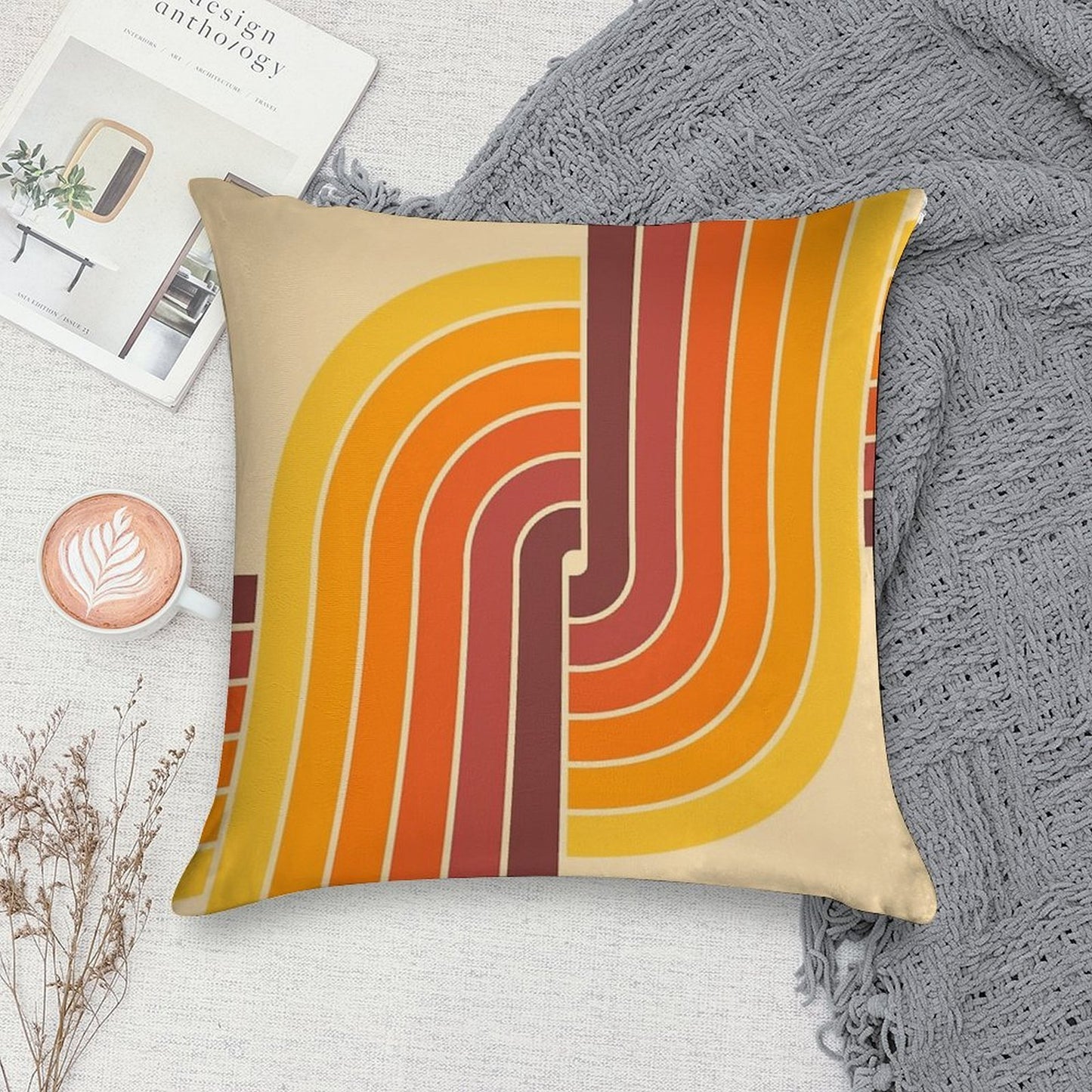 70s Retro Vintage Style Geometric Pattern Orange Yellow And Brown Soft Reinforced Edging Throw Pillow