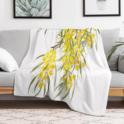 Hand Painted Golden Wattle Flower Watercolor Throw Blanket