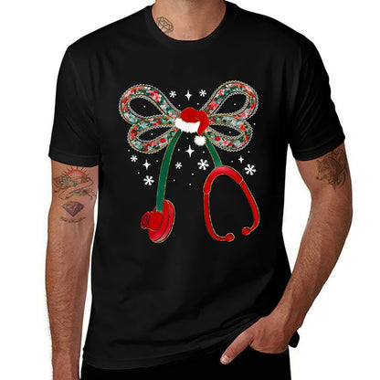 Stethoscope Nurse Coquette Bow Christmas Xmas Pajama Holiday  Cotton T-Shirt