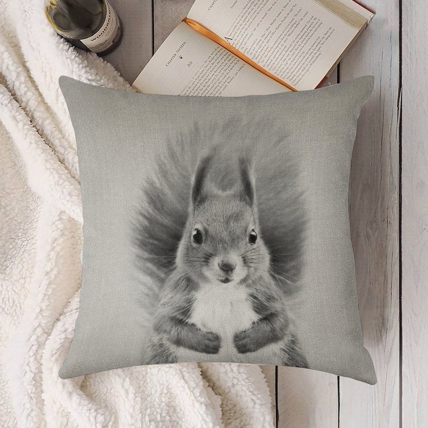 Squirrel 2 - Black & White Linen Throw Pillow Cover