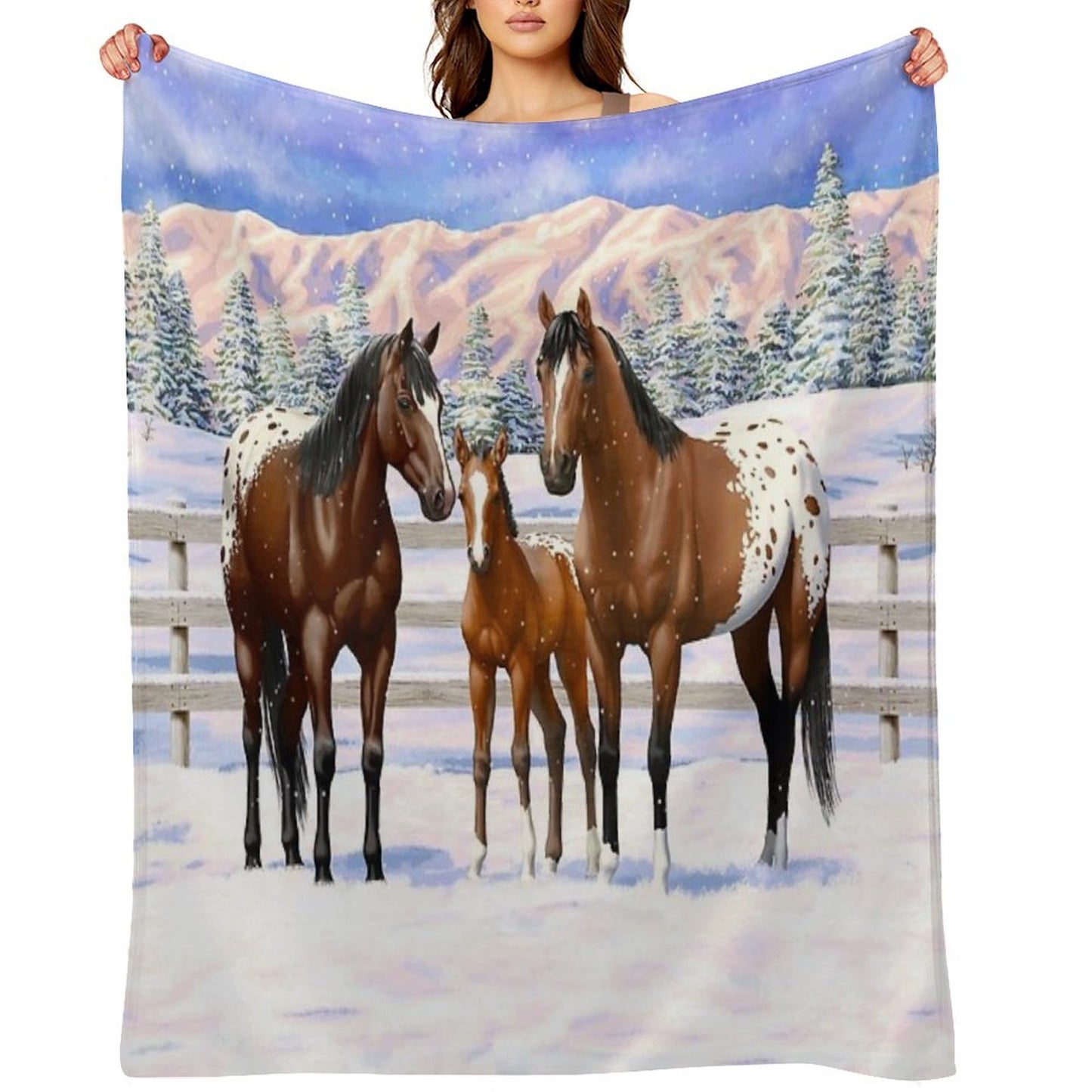 Bay Appaloosa Quarter Horses In Winter Snow Throw Blanket