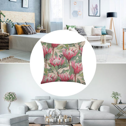 Painted King Proteas on Cream Linen Throw Pillow Cover