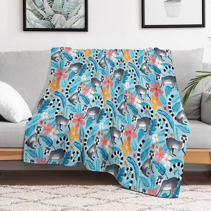 Gouache Lemur Land on Blue Throw Blanket