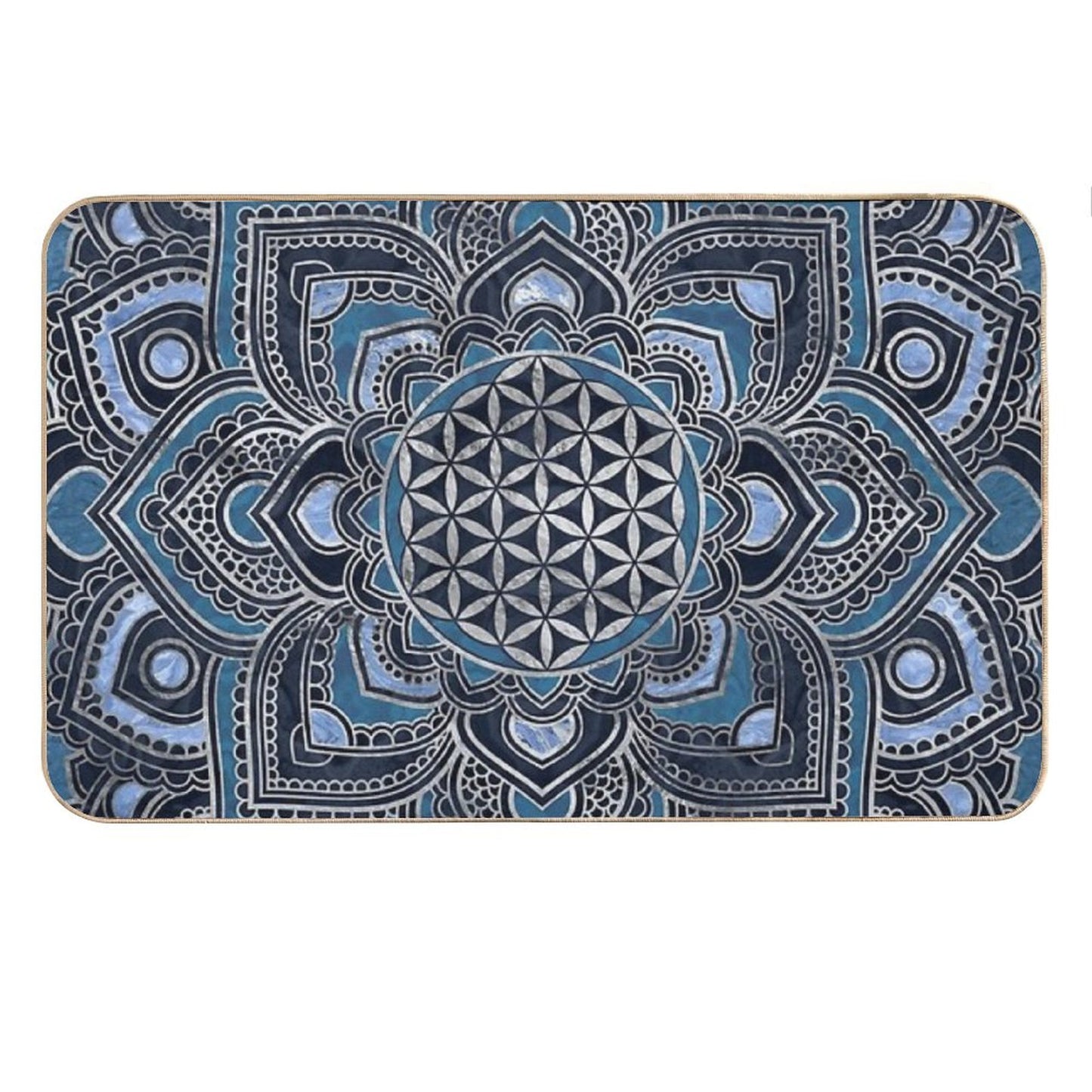 Flower of Life in Lotus Mandala - Blue Crystal And Silver Bath Mat