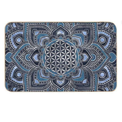 Flower of Life in Lotus Mandala - Blue Crystal And Silver Bath Mat