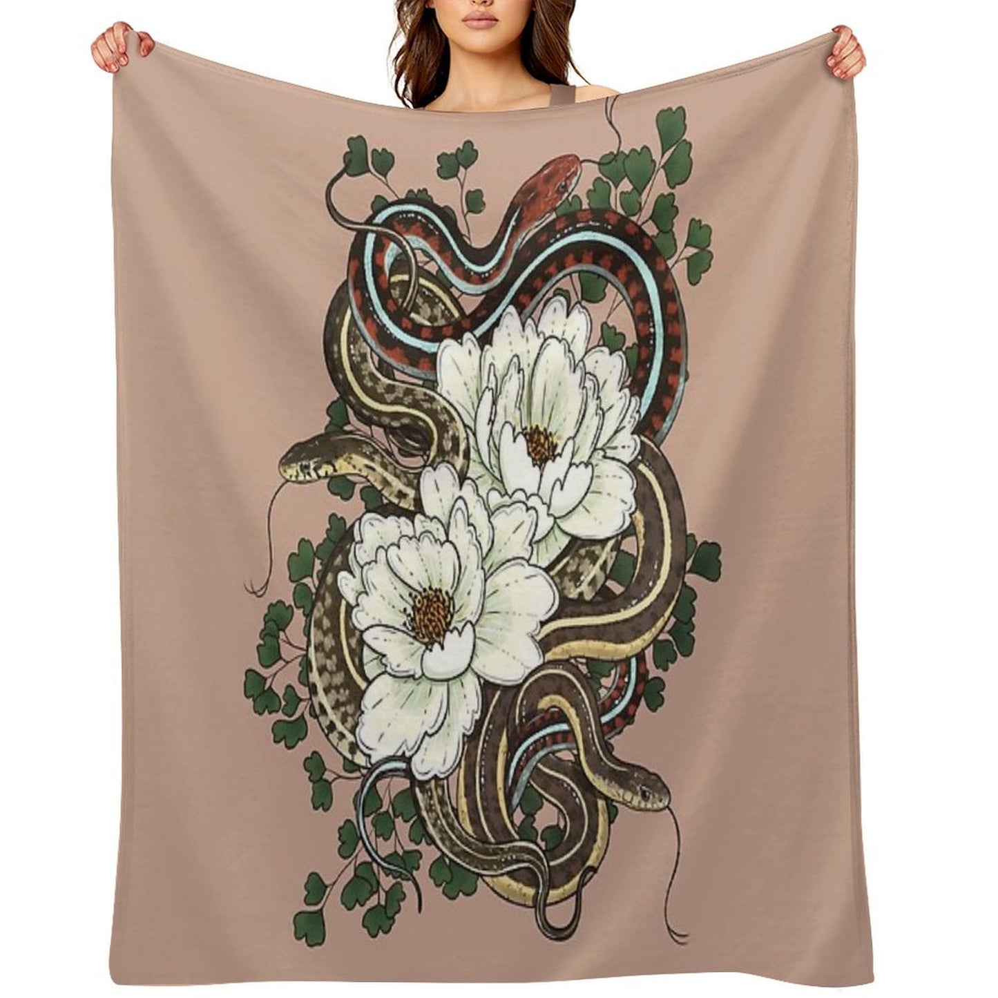 Garter Snakes with White Peonies Throw Blanket
