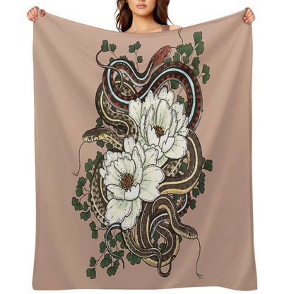 Garter Snakes with White Peonies Throw Blanket