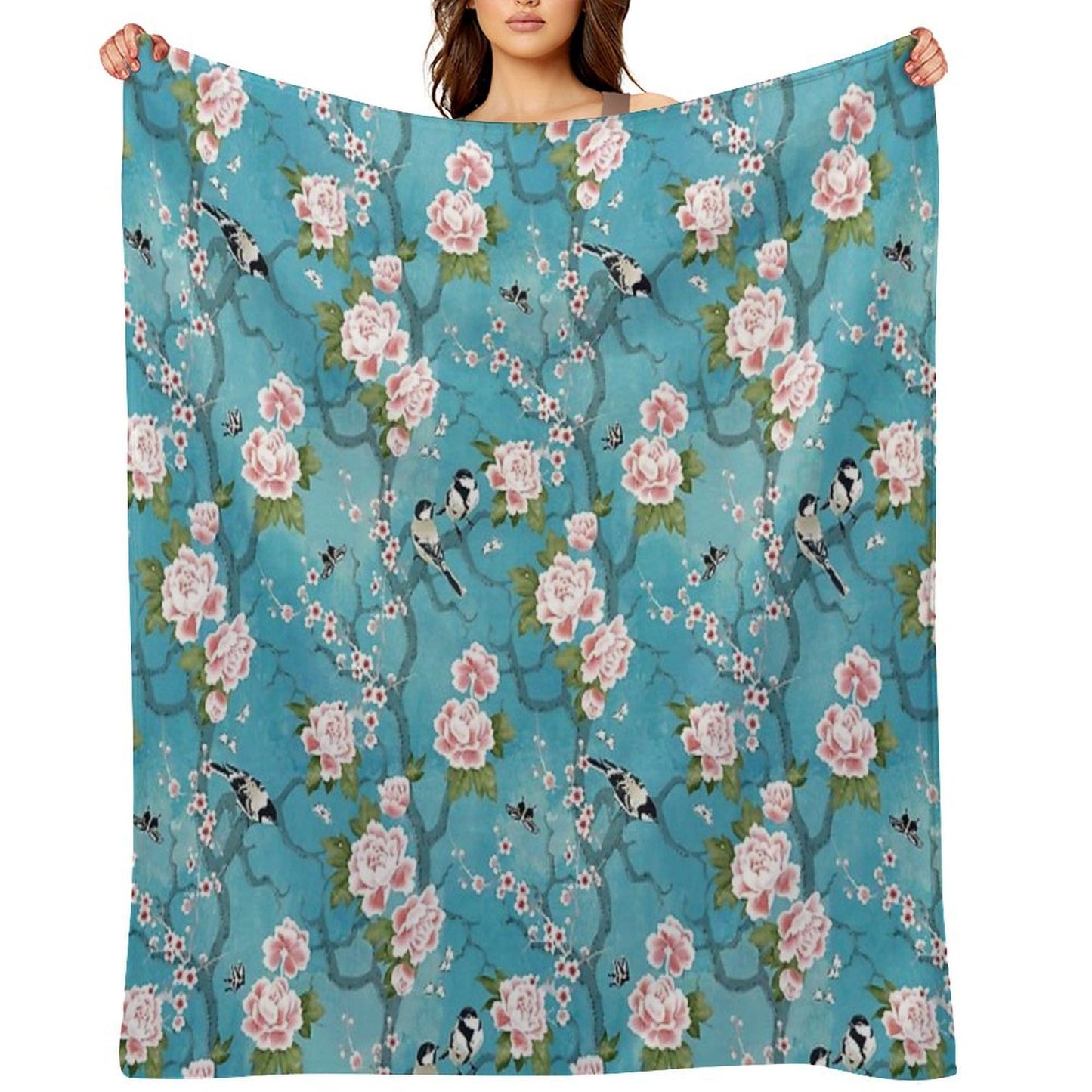 Chinoiserie Birds in Turquoise Blue Throw Blanket
