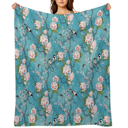 Chinoiserie Birds in Turquoise Blue Throw Blanket