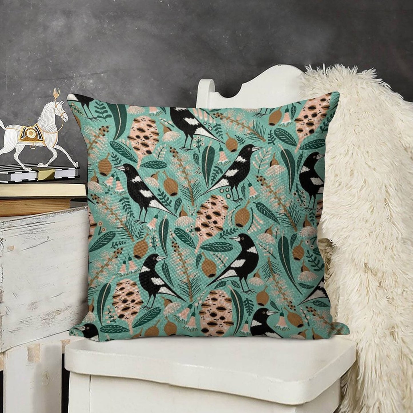 Australian Bush Magpies Linen Throw Pillow Cover
