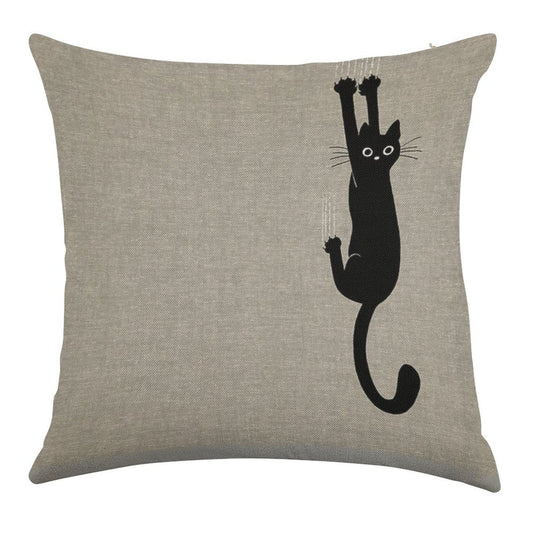 Black Cat Holding On Linen Throw Pillow Cover