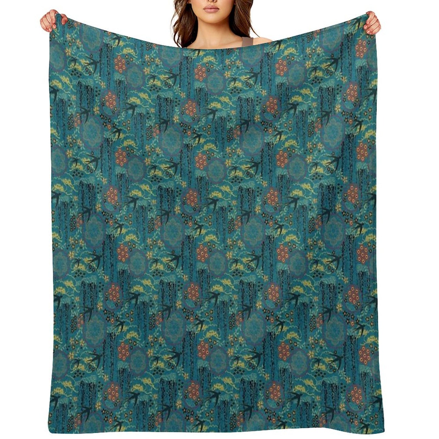 Japanese Garden in Teal Gold Red And Black Throw Blanket
