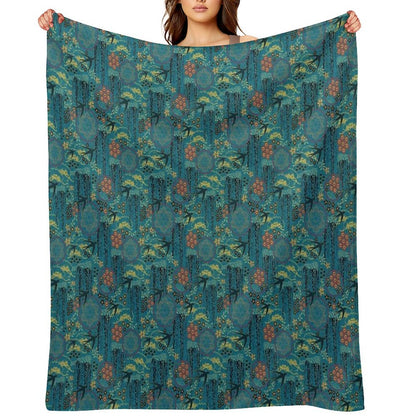 Japanese Garden in Teal Gold Red And Black Throw Blanket