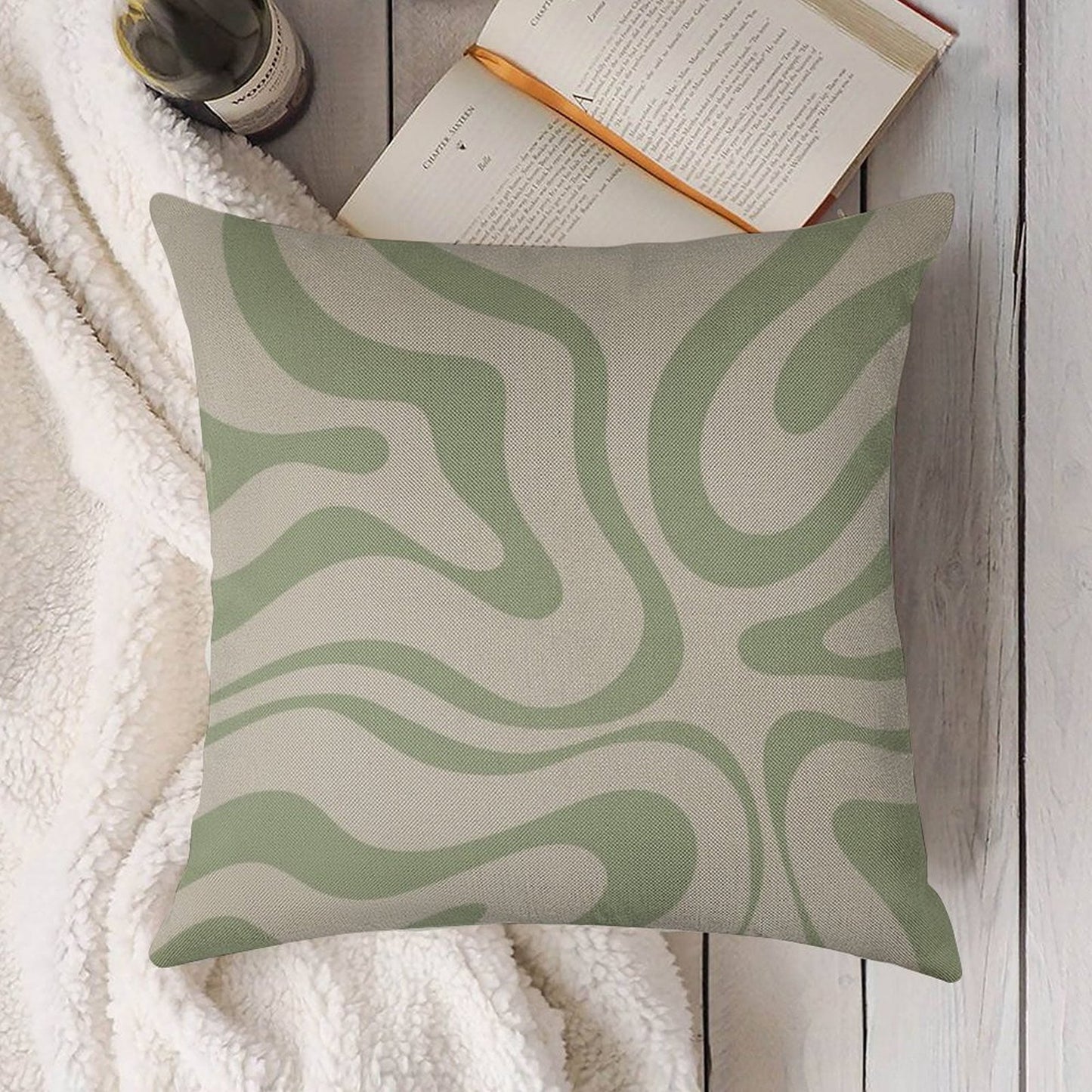 Liquid Swirl Abstract Pattern in Beige And Sage Green Linen Throw Pillow Cover